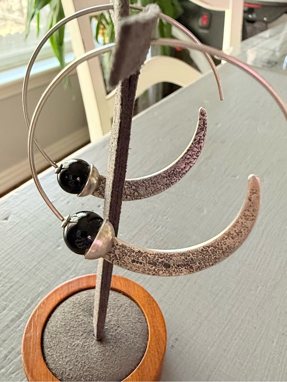 Silpada 925 Sterling Silver Crescent Hoop Earrings with Black Onyx Beads